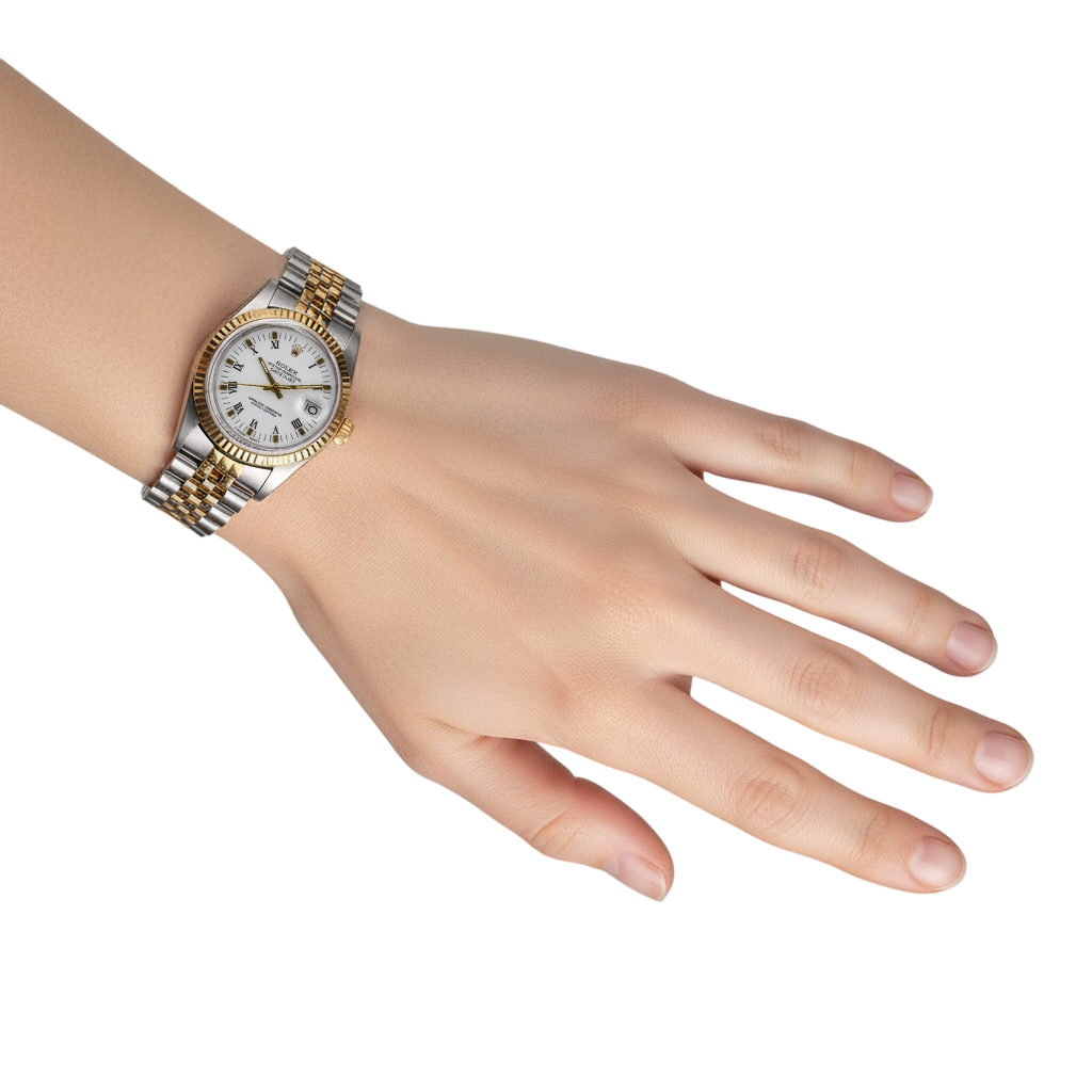 White Roman Dial Rolex Datejust Watch Ss & Gold Bracelet P2