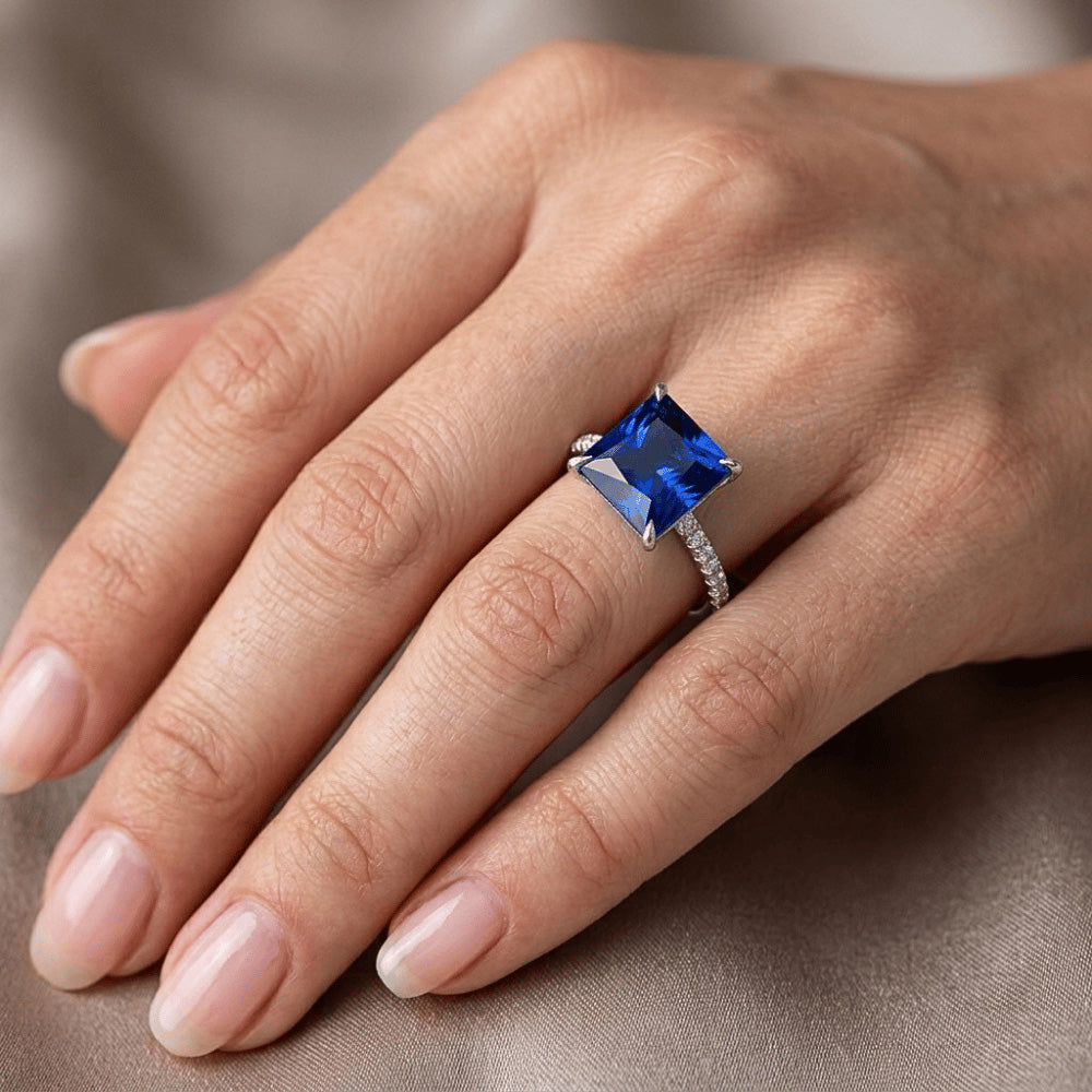 Women Gold Princess Blue Sapphire & Natural Earth Mined Diamond ( Not Lab Grown ) Engagement Ring 5.50 Carat