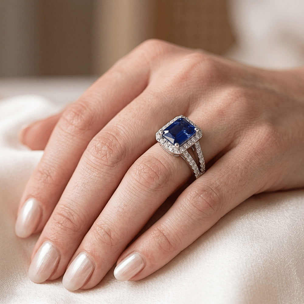 Women Halo Ring Round Natural Earth Mined Diamond ( Not Lab Grown ) Radiant Cut Sapphire Jewelry 3.50 Carats