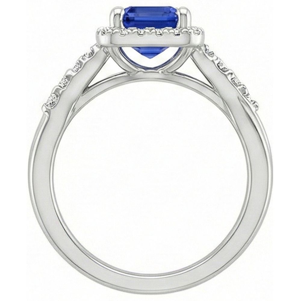 Women Halo Ring Sri Lankan Sapphire & Natural Earth Mined Diamond ( Not Lab Grown ) 4 Carats White Gold 14K