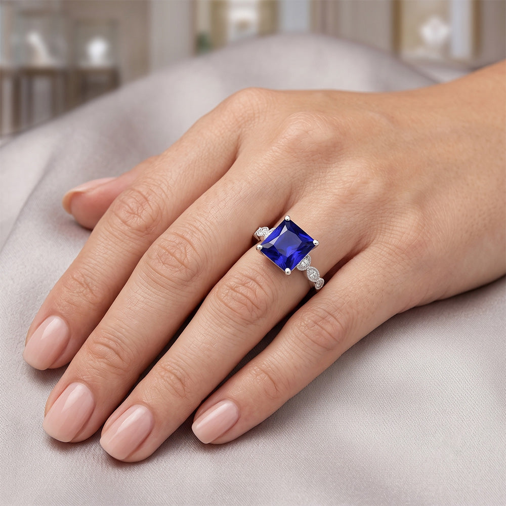 Women Solitaire Blue Sapphire Ring With Accents Vintage Style 6 Carats
