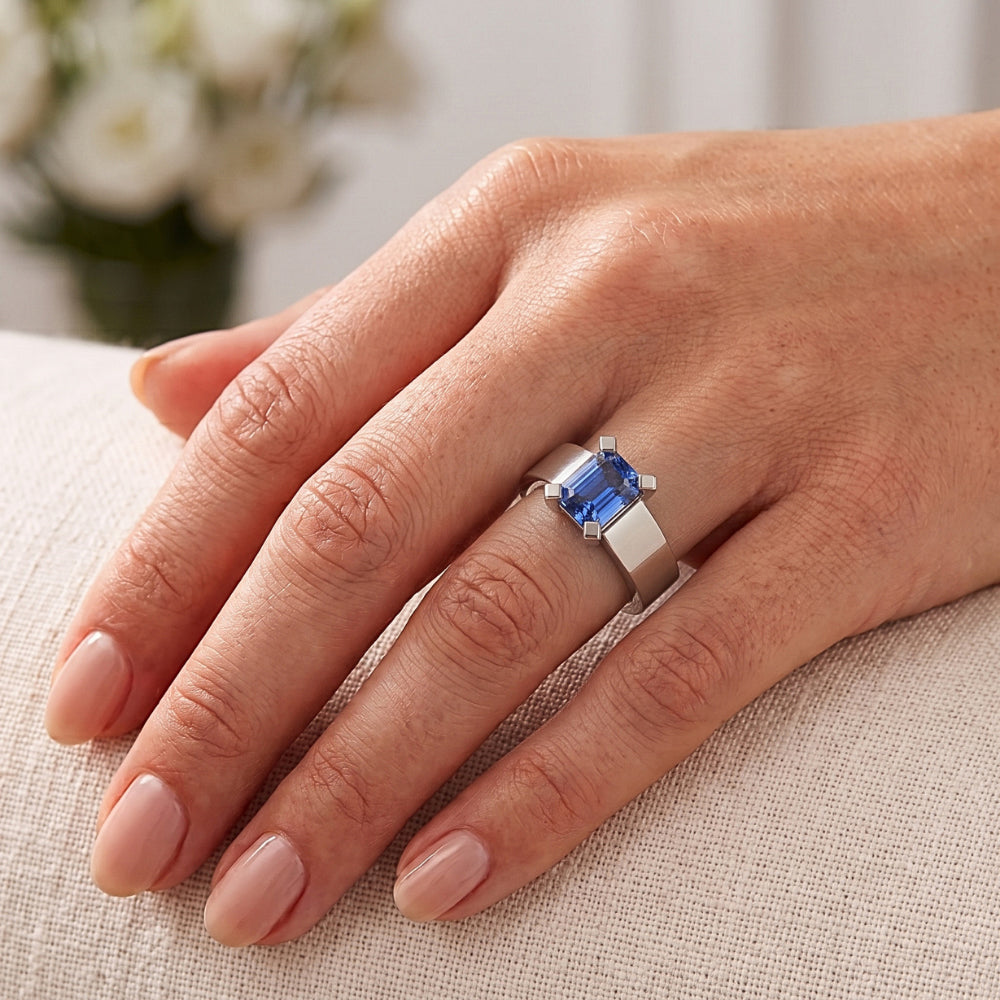Women Solitaire Gemstone Blue Sapphire Ring Tension Style 1.50 Carats
