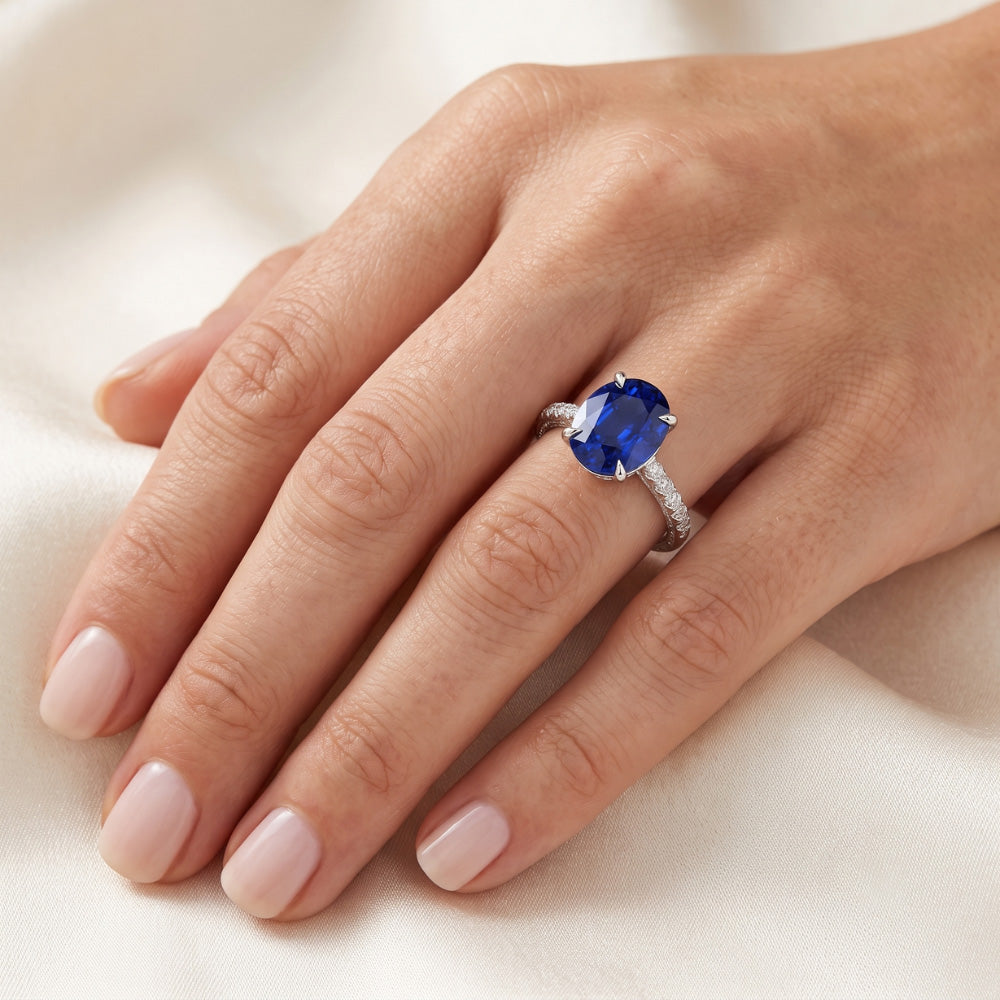 Women's Engagement Ring Oval Blue Sapphire & Natural Earth Mined Diamond ( Not Lab Grown ) Accents 4 Carats