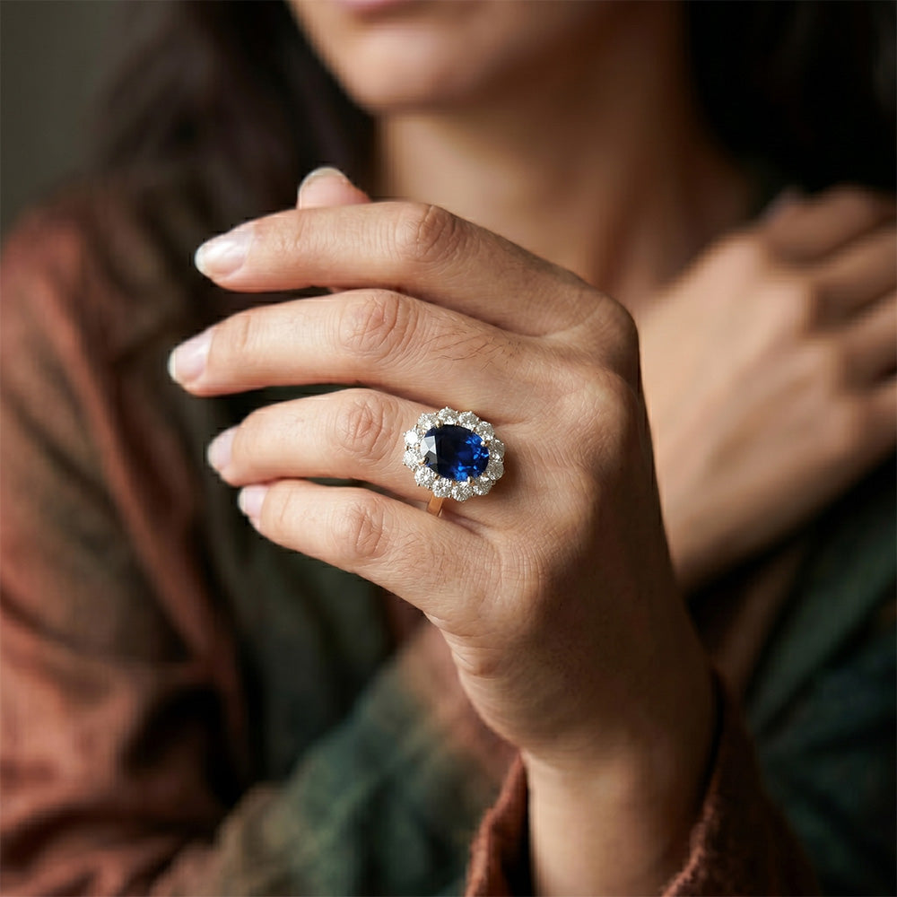 Women's Halo Natural Earth Mined Diamond ( Not Lab Grown ) Ring Oval Blue Sapphire 7.50 Carats