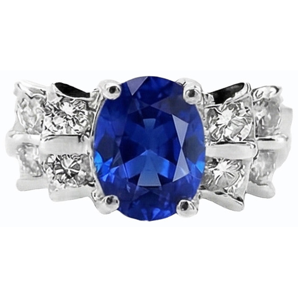 Women's Oval Blue Sapphire Wedding Ring 2.50 Carats Bar Set Natural Earth Mined Diamond ( Not Lab Grown )s
