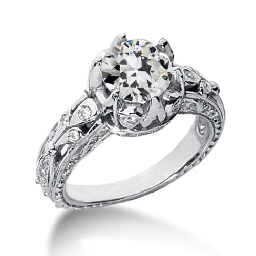 Women’s Ring Old Mine Cut Real Diamond Antique Style 2 Carats Gold Jewelry