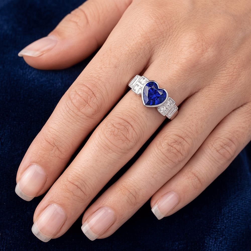 Womens Baguette Natural Earth Mined Diamond ( Not Lab Grown ) Heart Blue Sapphire Ring Bezel Set 2.50 Carats