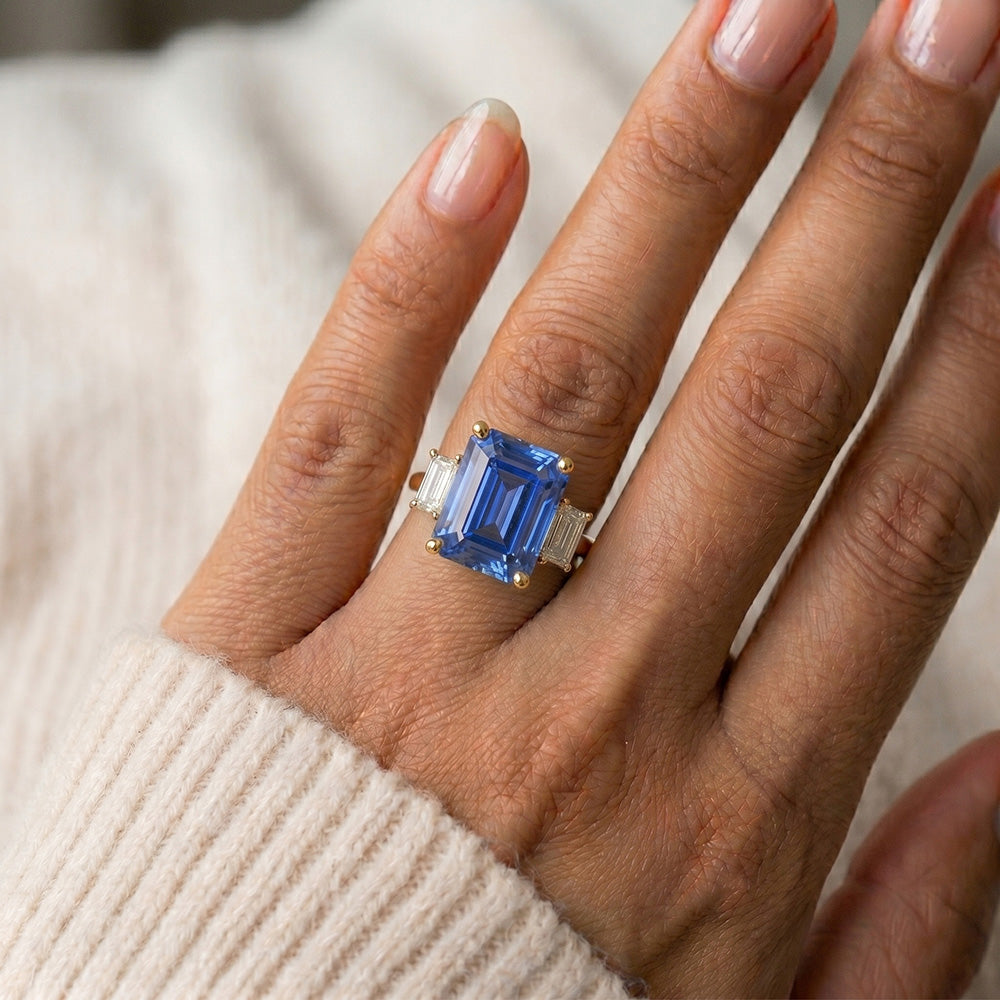 Yellow Gold 3 Stone Blue Sapphire & Natural Earth Mined Diamond ( Not Lab Grown ) Ring 9 Carats