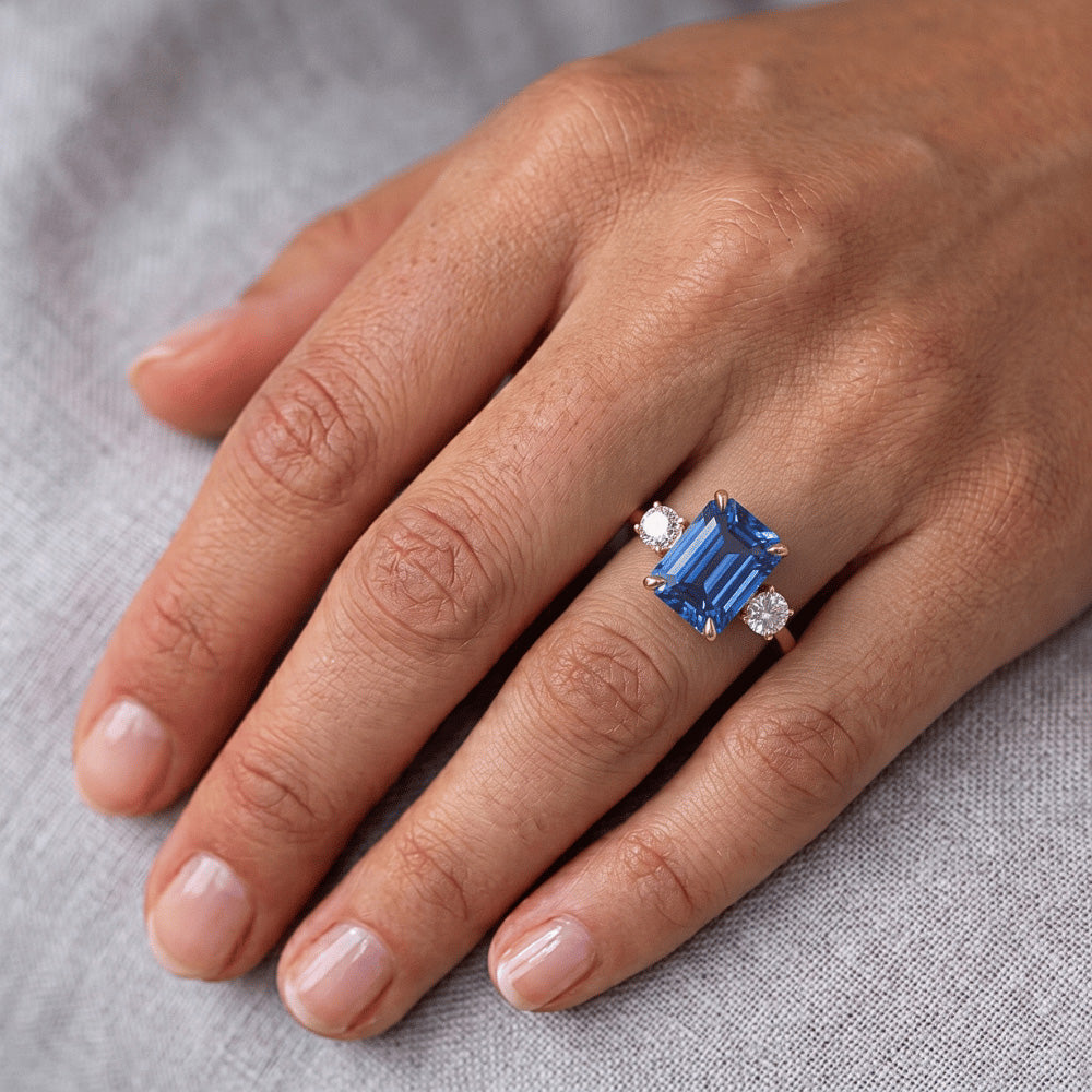 Yellow Gold Emerald 3 Stones Ring Blue Sapphire & Natural Earth Mined Diamond ( Not Lab Grown ) 3.50 Carats