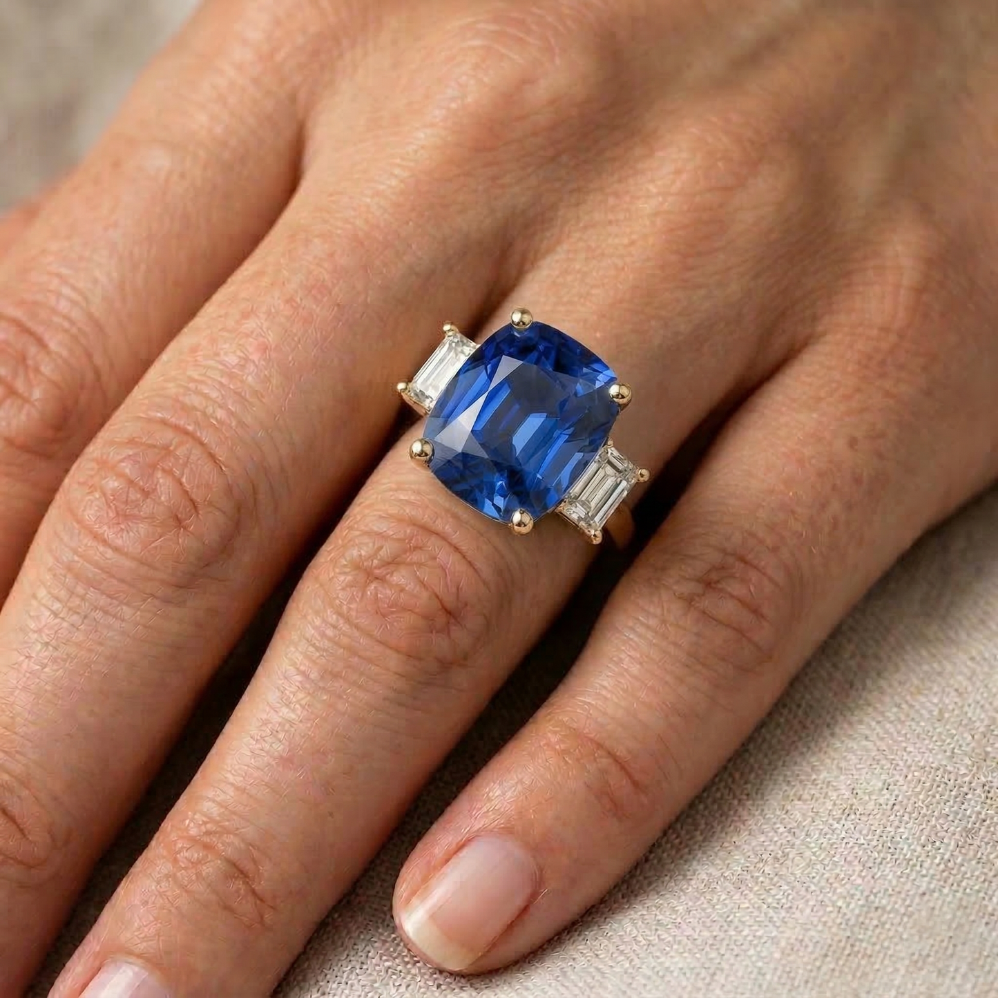 Yellow Gold 3 Stone Ring Cushion Ceylon Sapphire & Natural Earth Mined Diamond ( Not Lab Grown )s 9 Carats
