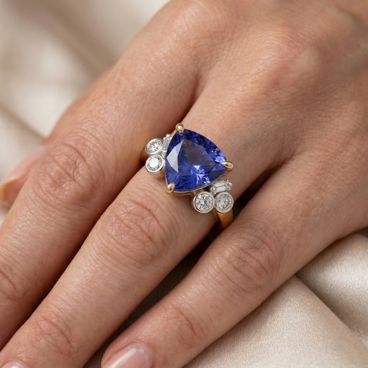 Yellow Gold Trillion Cut Sri Lanka Sapphire Natural Earth Mined Diamond ( Not Lab Grown ) s 6.11 Ct. Ring