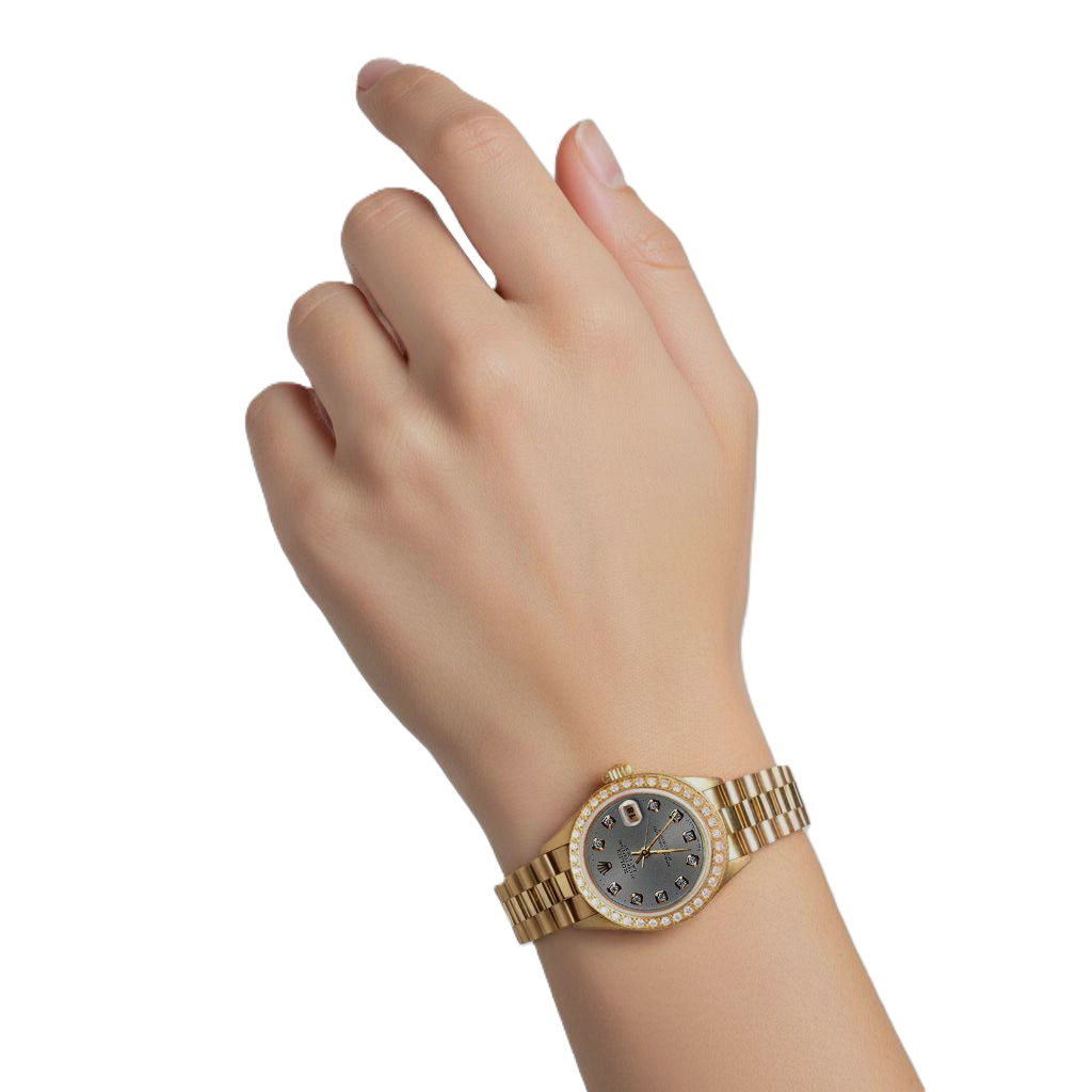 Yg Rolex President Style Watch Gray Diamond Dial Bezel Women P2