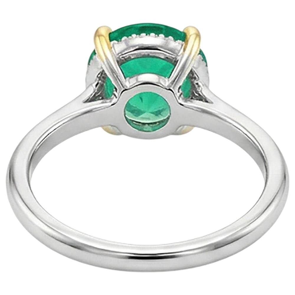 Fine Emerald Round Brilliant Colored Stone Ring in 14K Two Tone Gold – top view