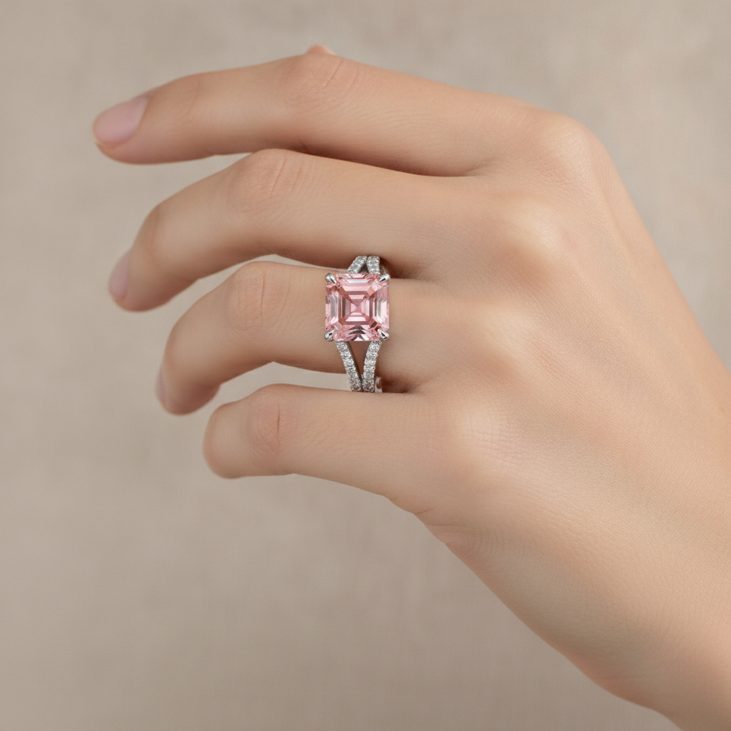 Peach Sapphire Engagement Ring 3.8 Carat Natural Asscher Padparadscha Pave 14K White Gold