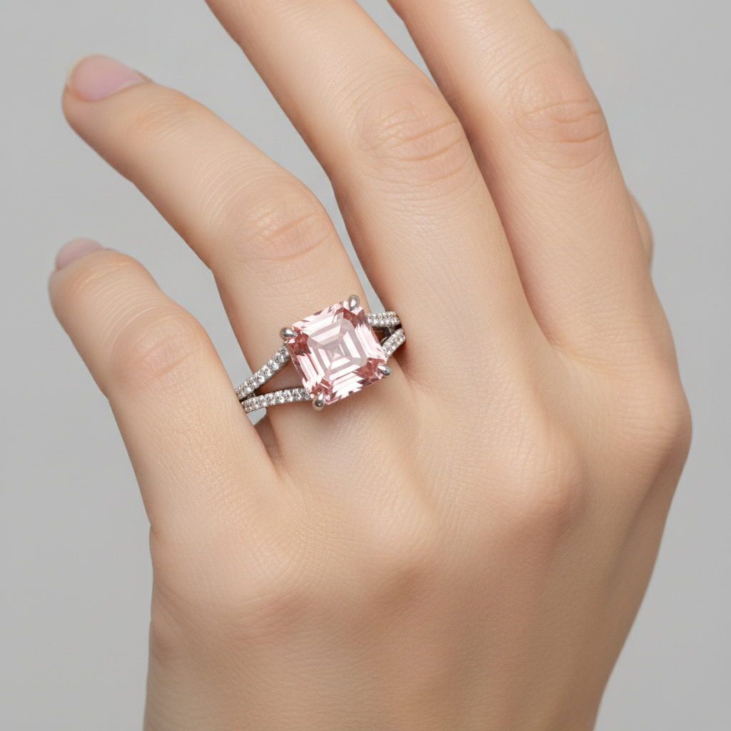 Peach Sapphire 3.8 Carat Natural Asscher Padparadscha Pave Ring 14K White Gold