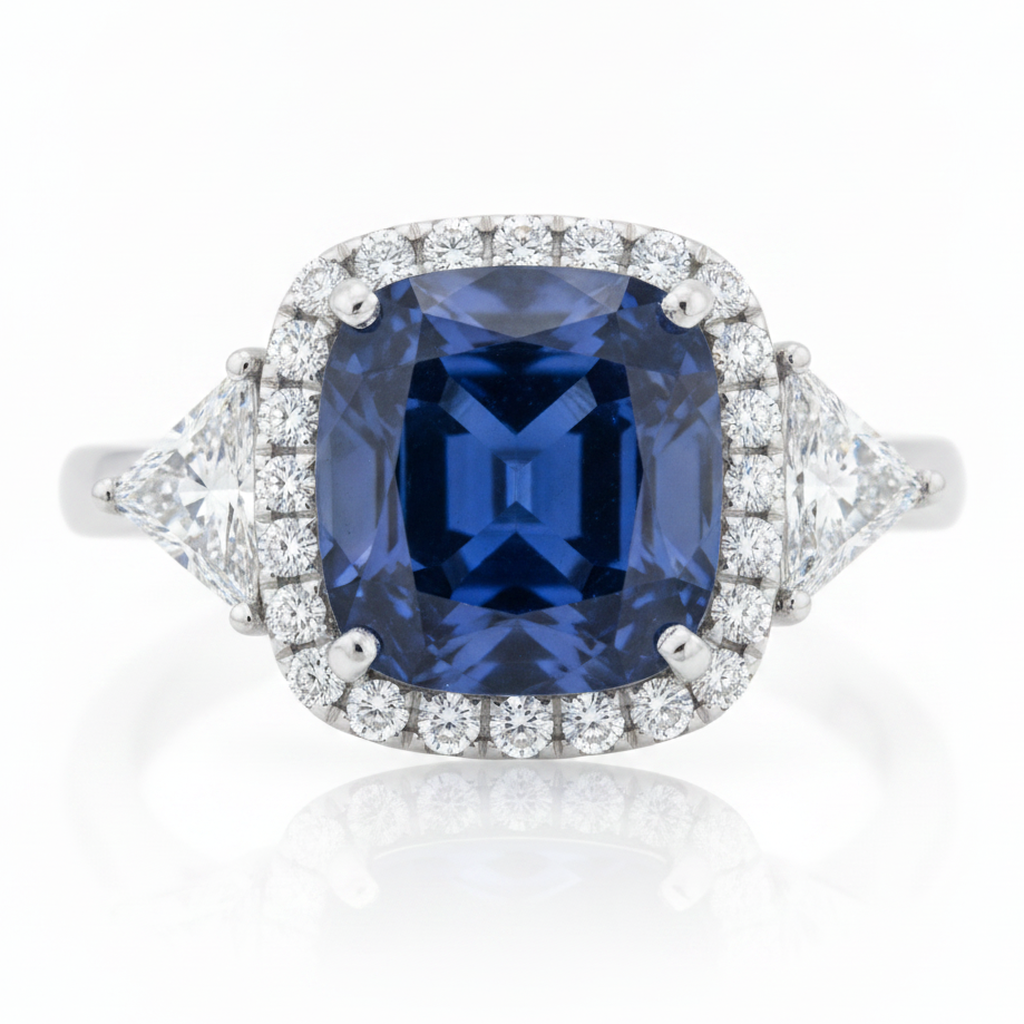Sapphire Engagement Ring 3.5 Carat Natural Cushion Blue Halo Platinum