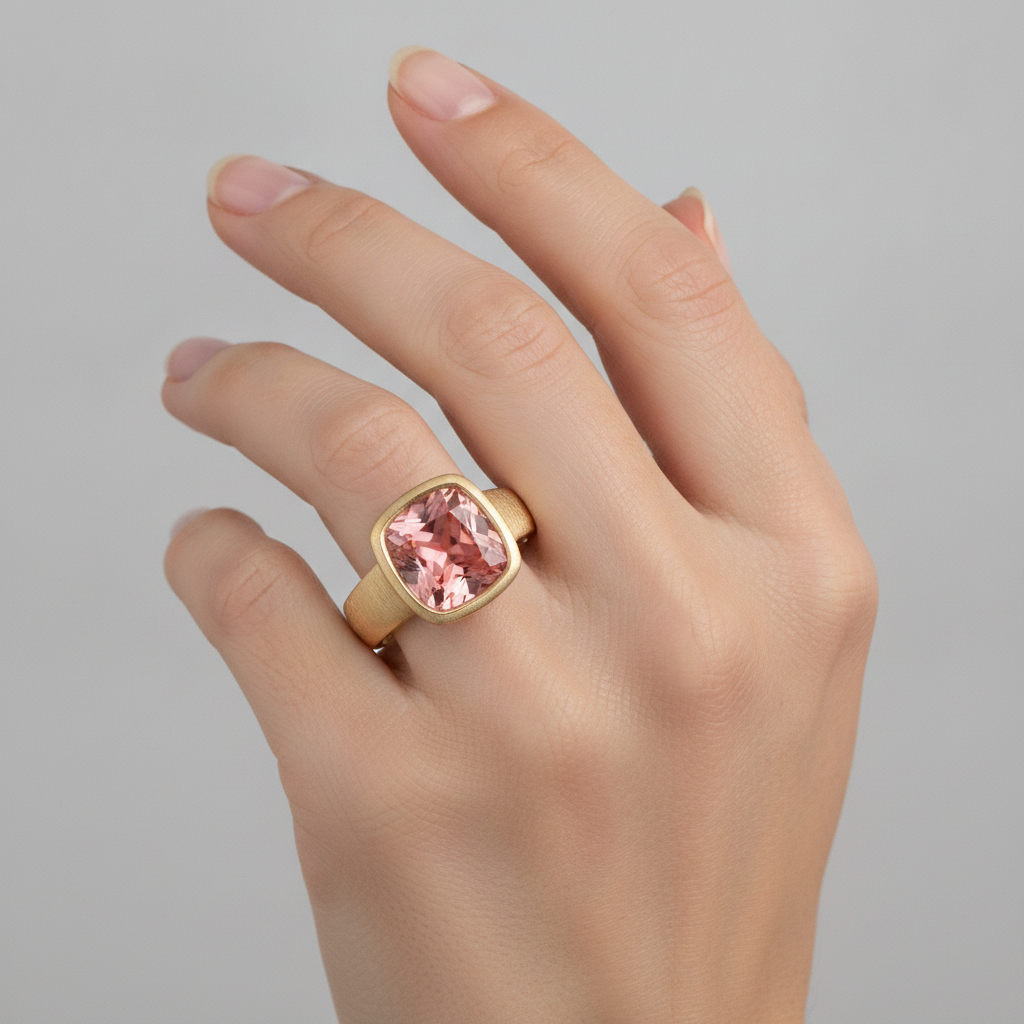 Peach Sapphire 4 Carat Lab Grown Cushion Padparadscha Bezel Solitaire Ring 14K Yellow Gold