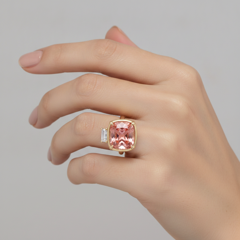 Padparadscha Sapphire And Diamond Ring 3.4 Carat Real Cushion White Baguette Three Stone 14K Yellow Gold