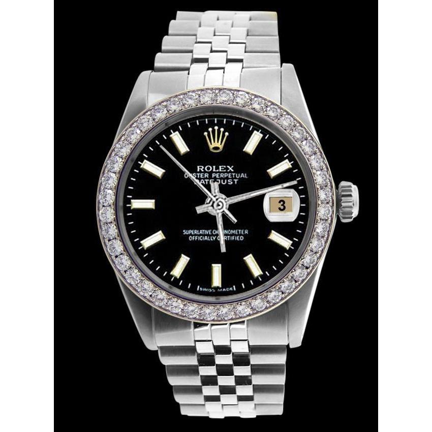 Diamond Bezel Rolex Men Watch Black Stick Dial Ss Jubilee Bracelet QUICK SET