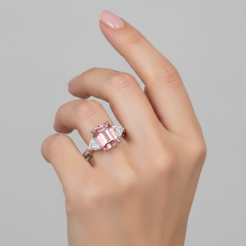 Padparadscha Sapphire Ring 3.6 Carat Real Emerald and White Trilliant Three Stone Platinum