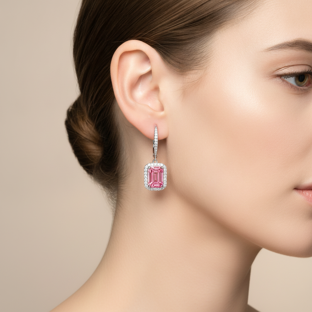 Pink Diamond Earrings 2.4 Carat Lab Grown Emerald Halo Leverback 14K White Gold