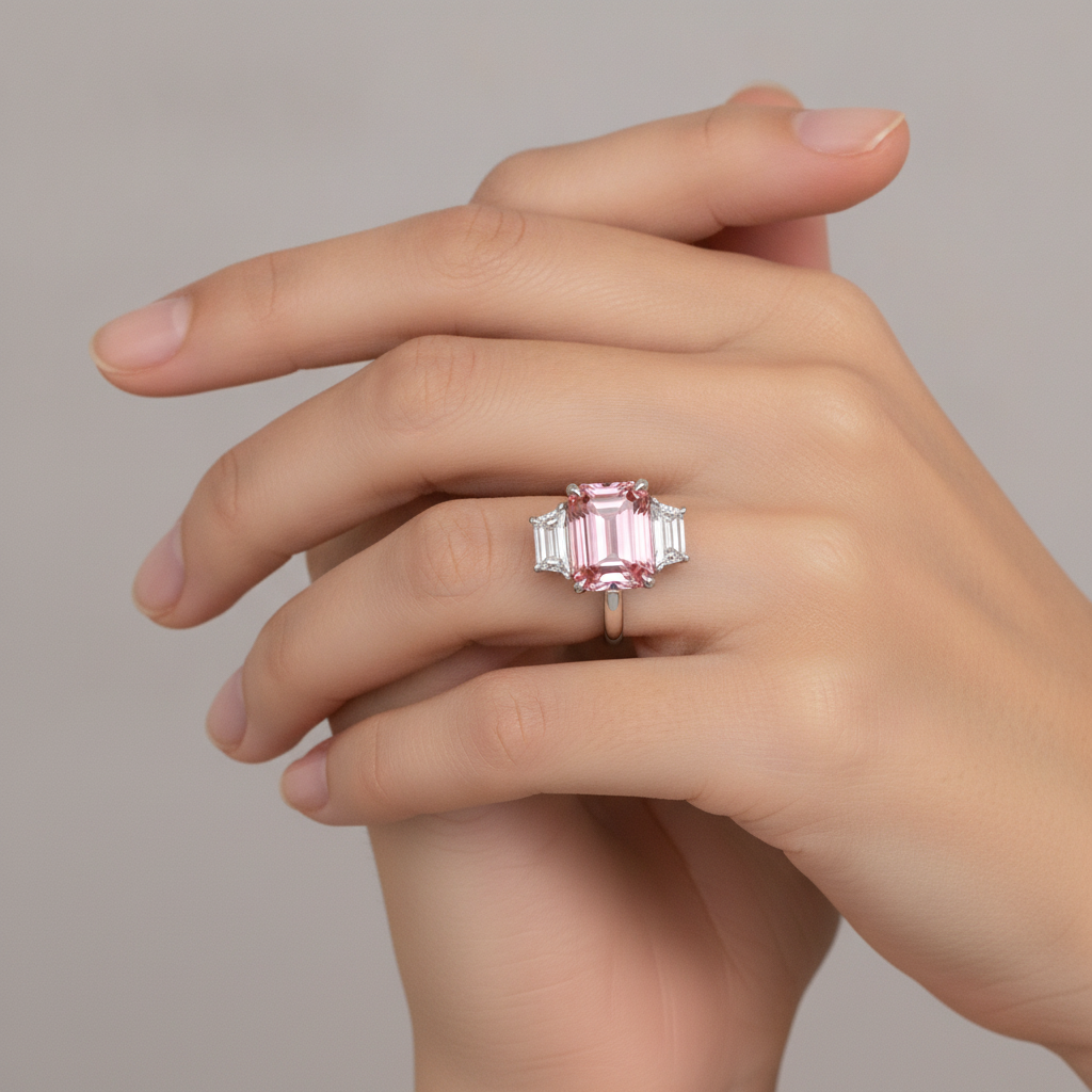 Peach Color Sapphire 4.6 Carat Lab Grown Emerald Padparadscha and White Trapezoid Three Stone Plain Ring 14K Gold
