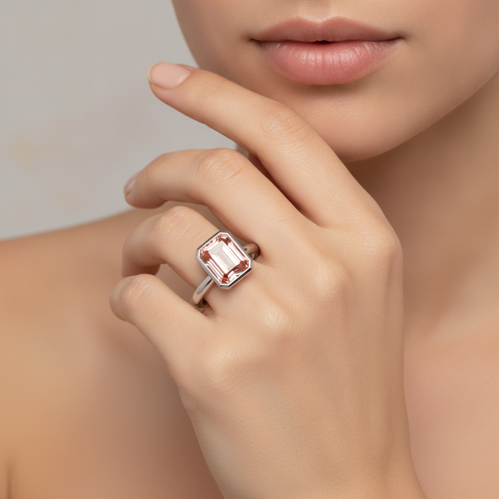 Peach Color Sapphire 2.5 Carat Genuine Emerald Padparadscha Bezel Solitaire Ring 14K White Gold