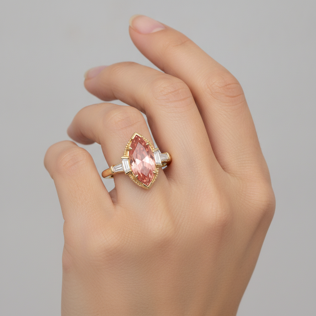 Padparadscha Sapphire Ring 4.1 Carat Lab Grown Marquise and White Baguette Three Stone Plain 14K Yellow Gold