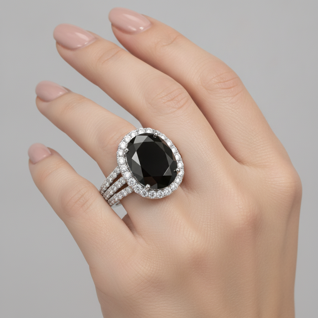 Black Diamond Proposal Ring 6 Carat Real Oval Halo 14K White Gold