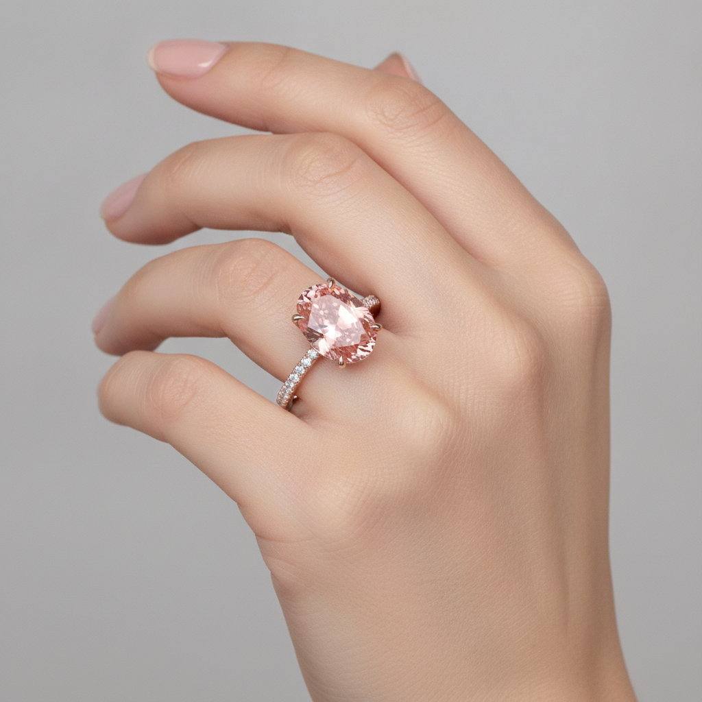Padparadscha Sapphire Ring 4.3 Carat Lab Grown Oval Pave 14K Rose Gold