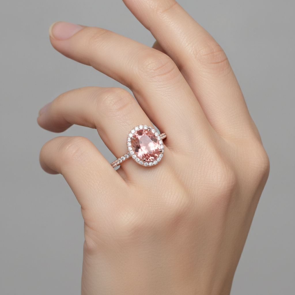 Vintage Padparadscha Sapphire Ring 2.8 Carat Real Oval Halo Pave 14K Rose Gold