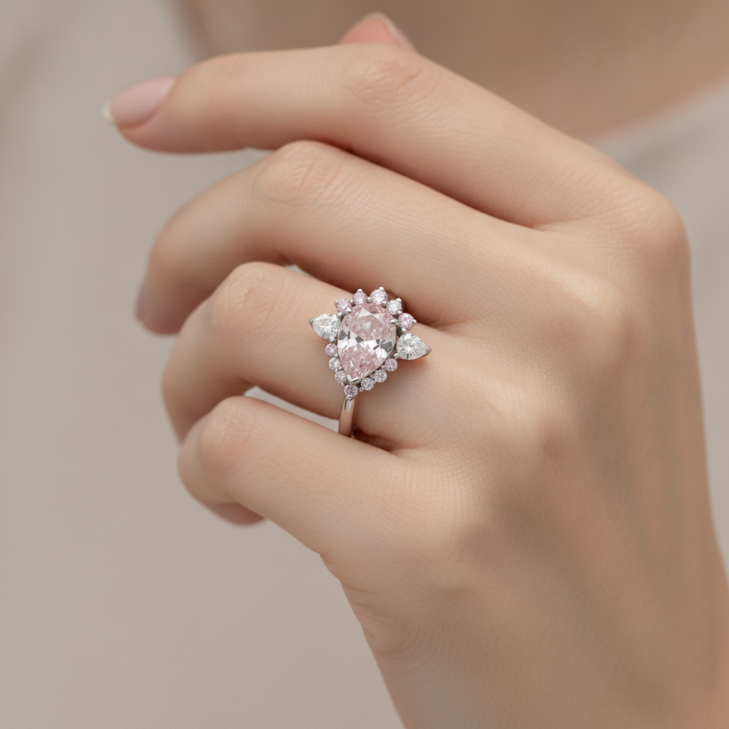 Fancy Pink Diamond Engagement Ring 2 Carats Natural Pear Semi Halo Platinum