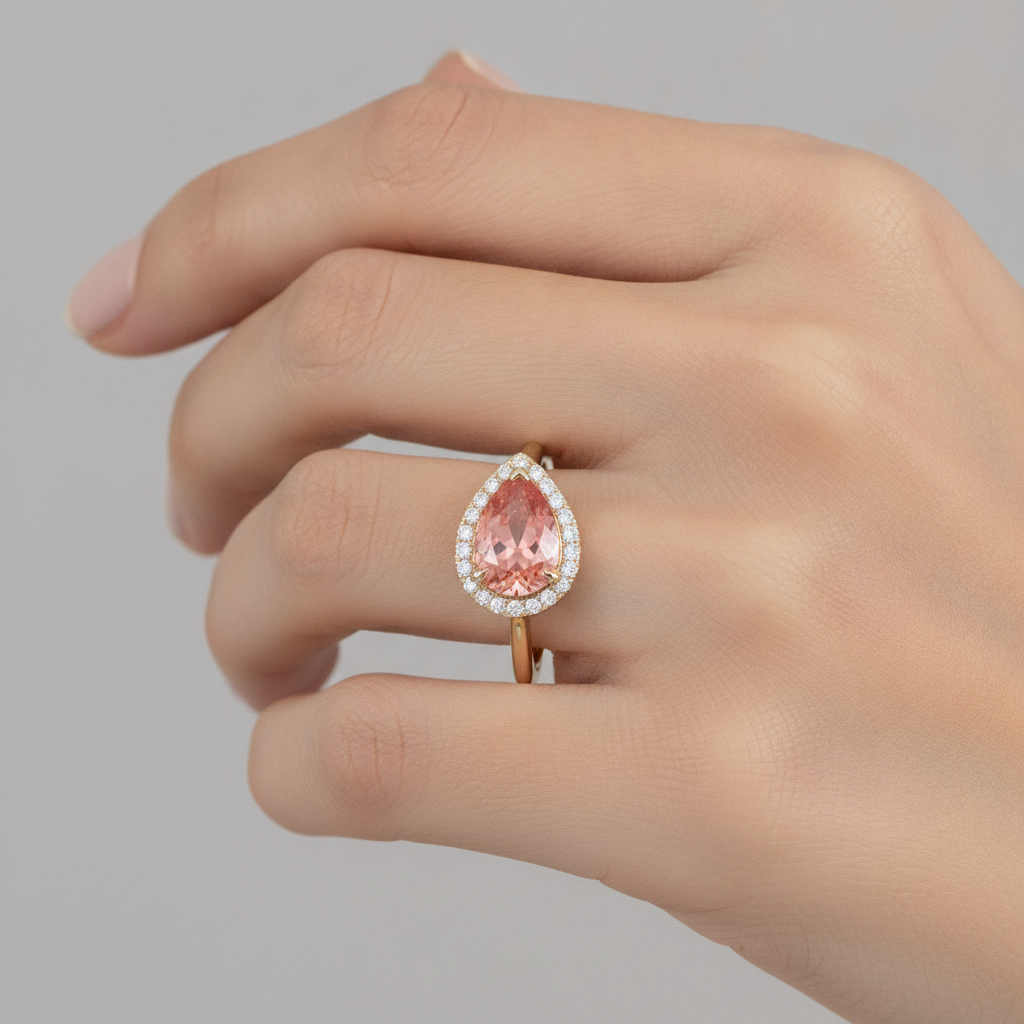 Pink Padparadscha Sapphire Ring 2.8 Carat Natural Pear Halo Plain 14K Yellow Gold