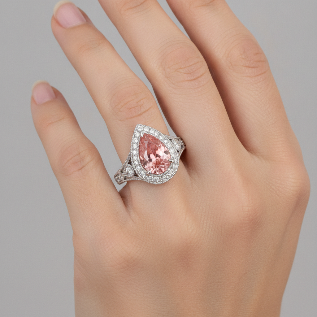 Padparadscha Sapphire Ring 3.1 Carat Real Pear Halo Vintage 14K White Gold