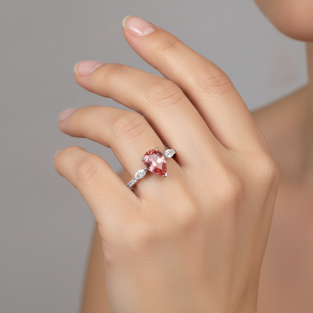 Peach Sapphire 2.9 Carat Genuine Pear Padparadscha Three Stone Ring 14K White Gold