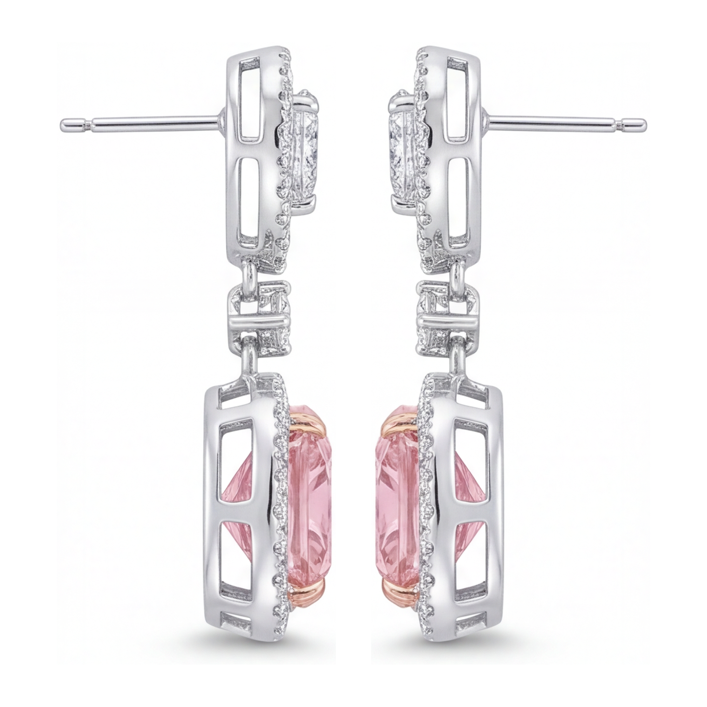 Pink Diamond Drop Earrings 5 Carat Lab Grown Cushion Halo Pear Tops 14K White Gold