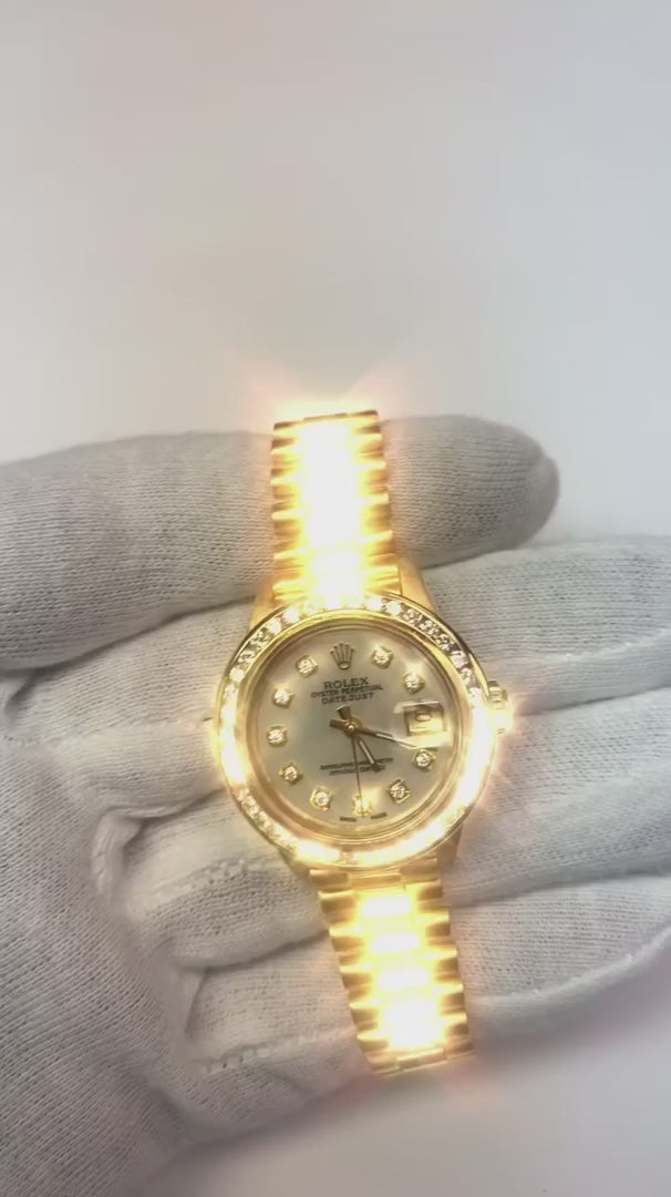 Mop Diamond Dial Rolex Presidential Style Bezel Watch Yellow Gold Woman