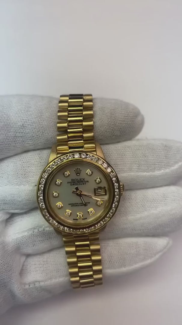 Mop Diamond Dial Rolex Presidential Style Bezel Watch Yellow Gold Woman