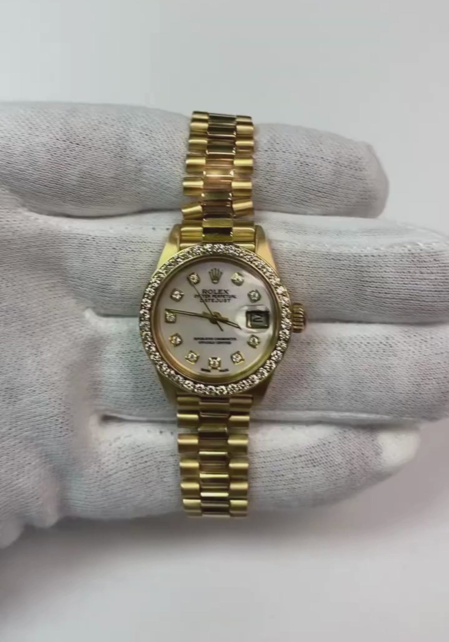 Rolex Dj President Style Watch White Mop Diamond Dial Bezel Gold