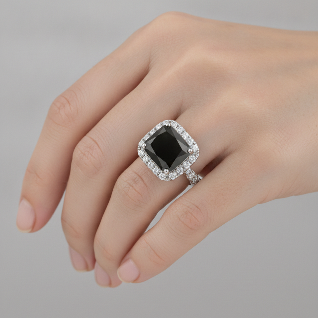 Black Diamond Engagement Ring 5 Carat Real Radiant Halo 14K White Gold