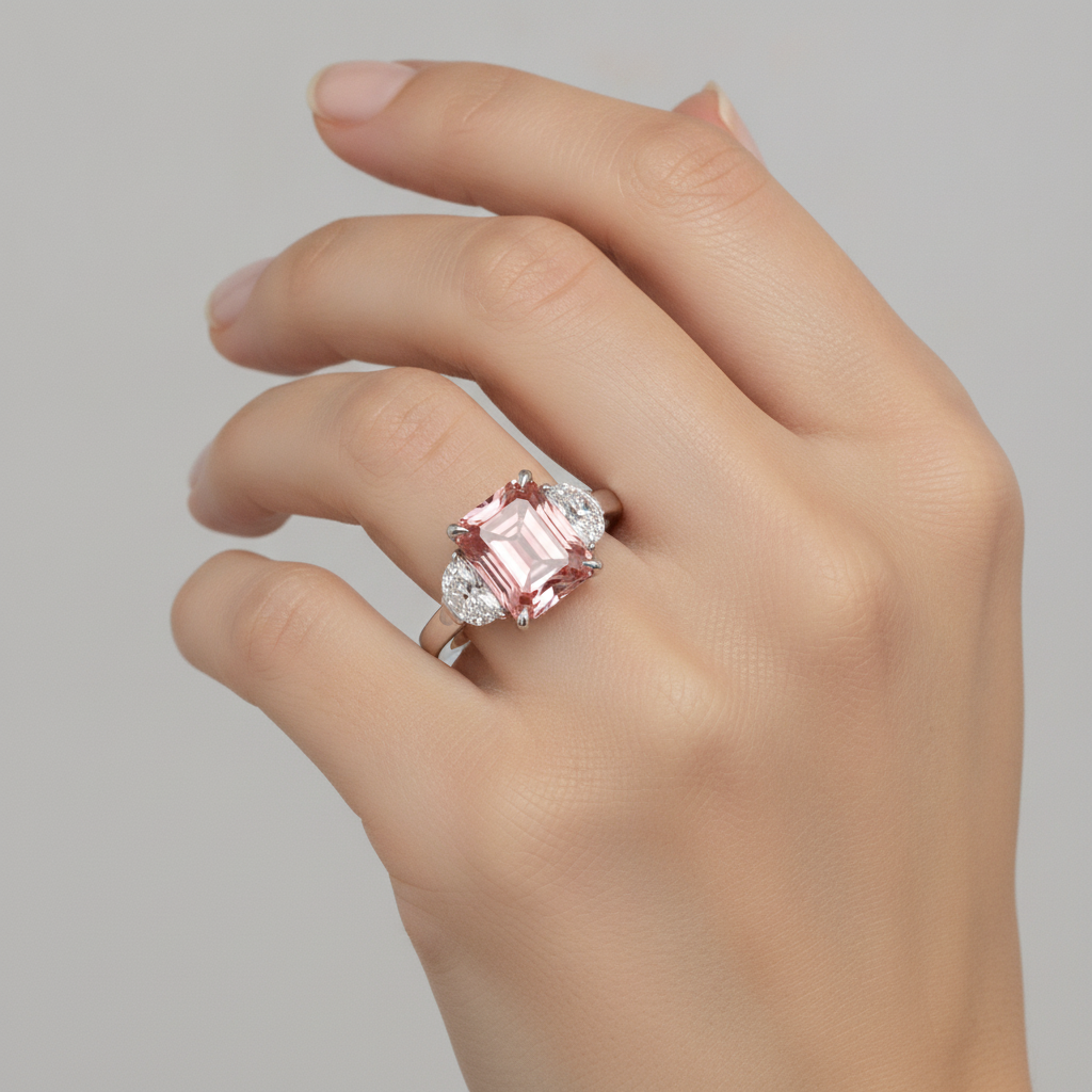 Padparadscha Sapphire Ring 3.6 Carat Natural Radiant and White Half Moon Three Stone Platinum