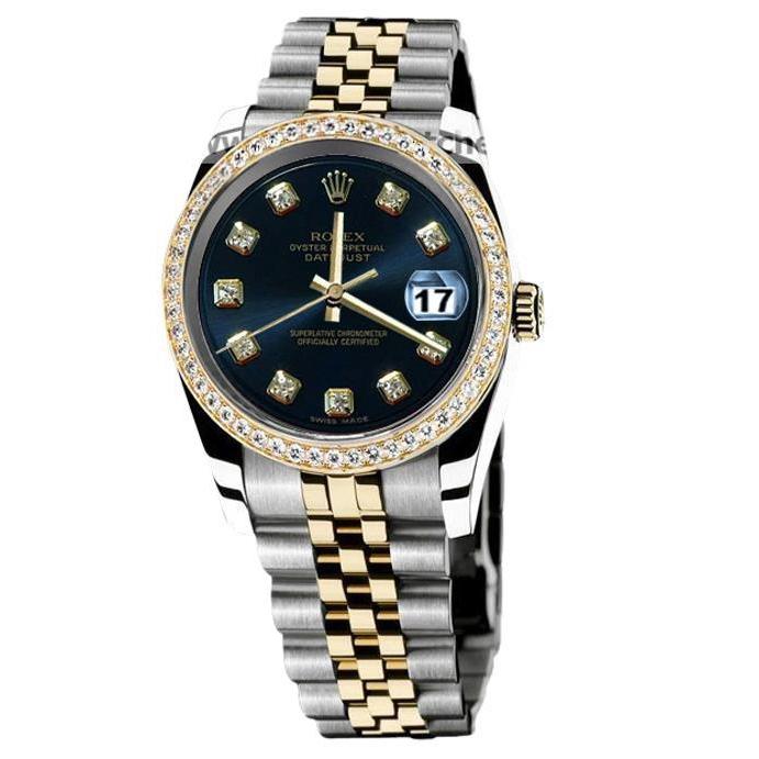 Rolex Datejust Men Watch Two Tone Diamond Bezel Blue Diamond Dial