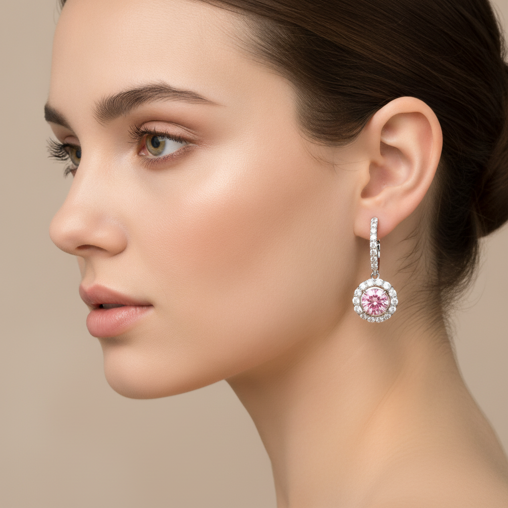 Pink Diamond Earrings 1.5 Carat Lab Grown Round Halo Leverback 14K White Gold
