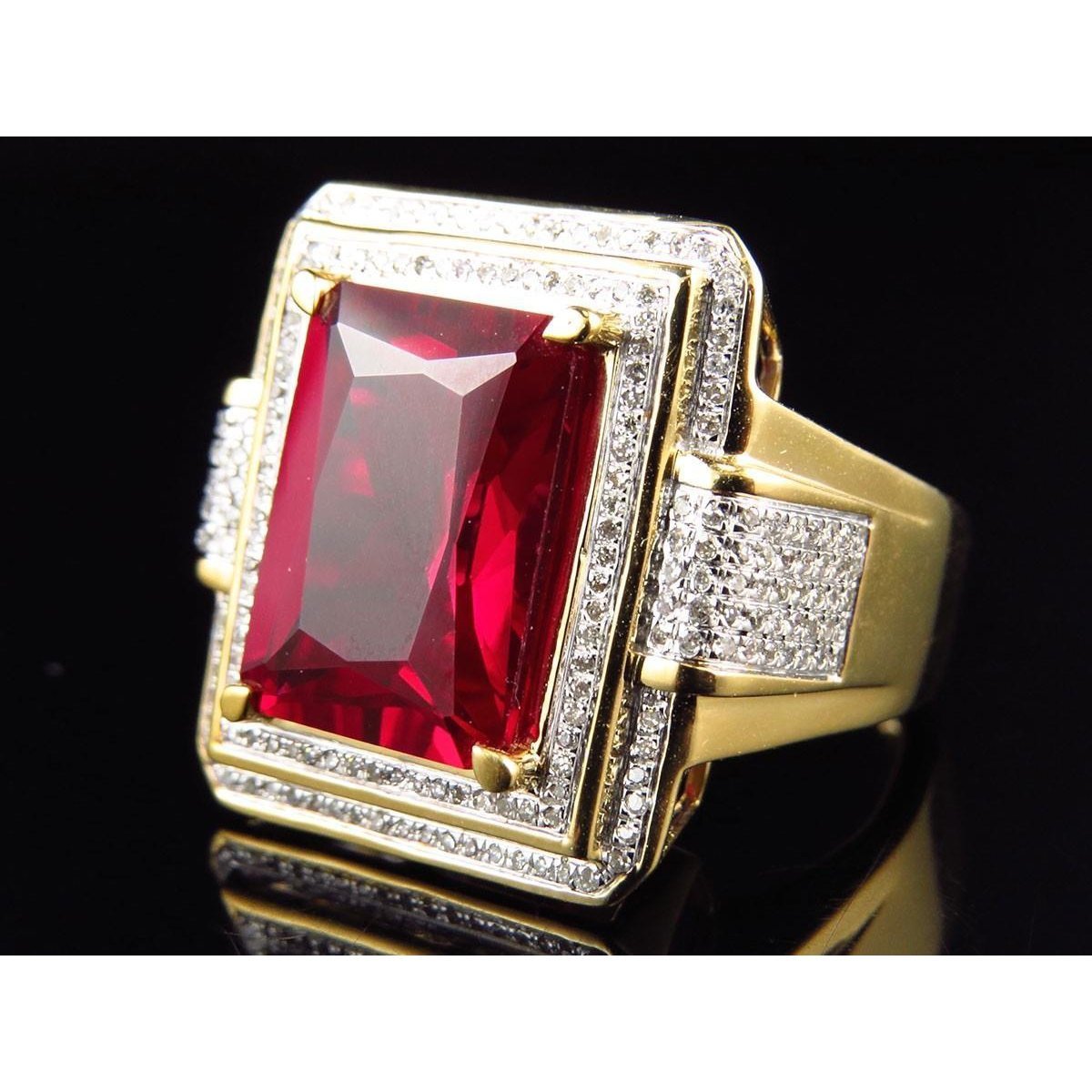 13 Ct Big Emerald Cut Red Aaa Men's Ruby Ring With Diamond Yellow Gold 14K Gemstone Ring-harrychadent.ca