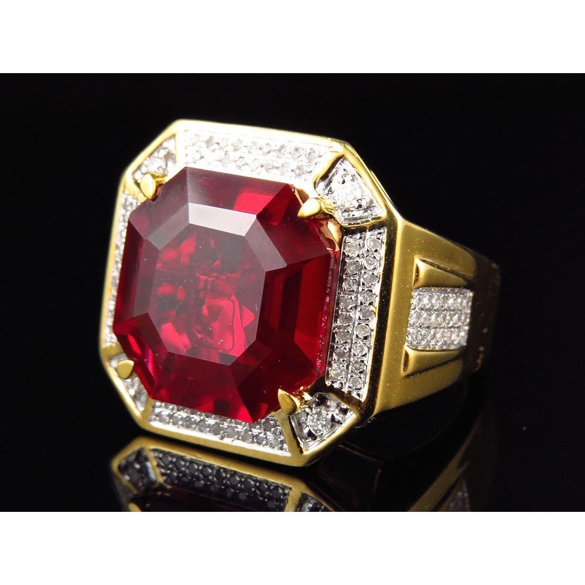 Asscher Red Men's Ruby Ring With Diamond 11 Carats Yellow Gold 14K - Gemstone Ring-harrychadent.ca