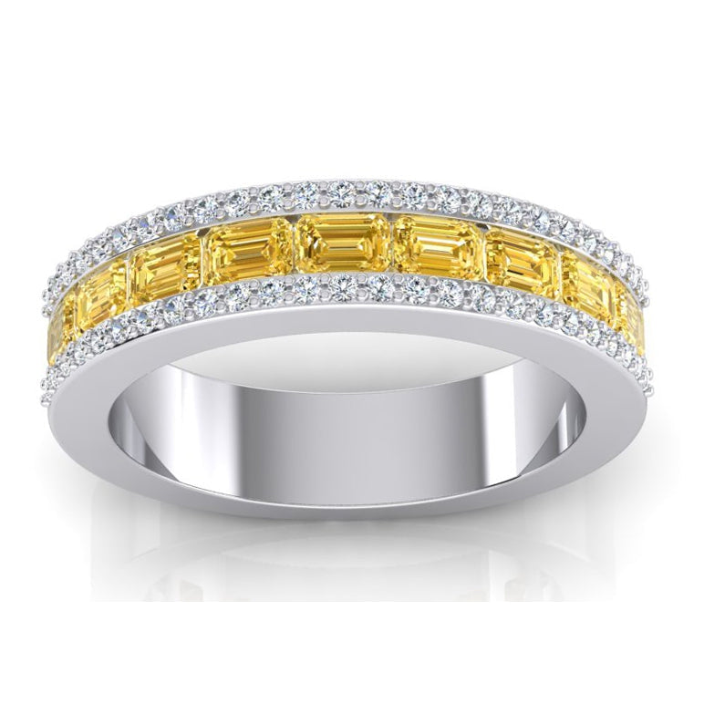 Canary Yellow Lab Grown Diamond Emerald Cut & Round Gold Band 3.25 Carats