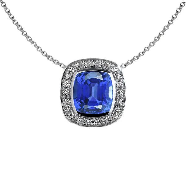 Halo Cushion Gemstone & Round Diamond Pendant 14K Gold 3.50 Carats - Gemstone Pendant-harrychadent.ca