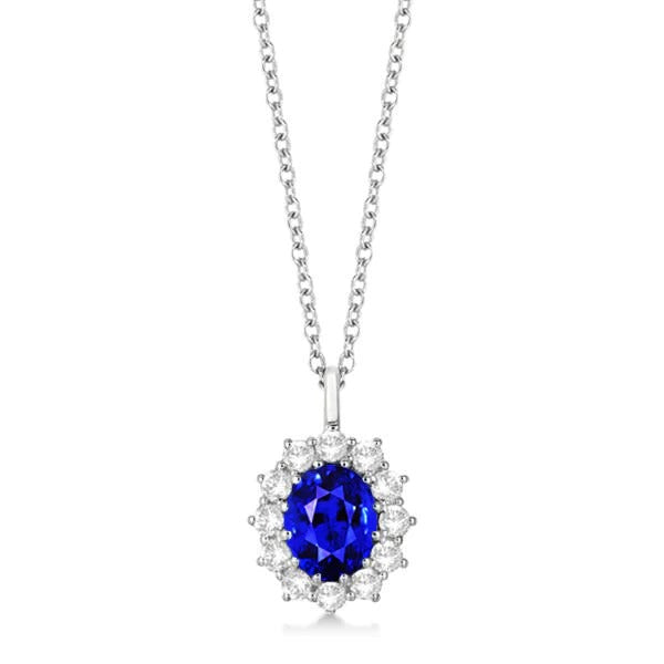 Diamond Halo Oval Ceylon Sapphire Pendant Flower Style 2 Carats - Gemstone Pendant-harrychadent.ca