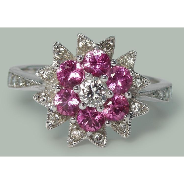 Diamonds & Pink Sapphires 1.15 Ct. Flower Style Ring White Gold 14K - Gemstone Ring-harrychadent.ca