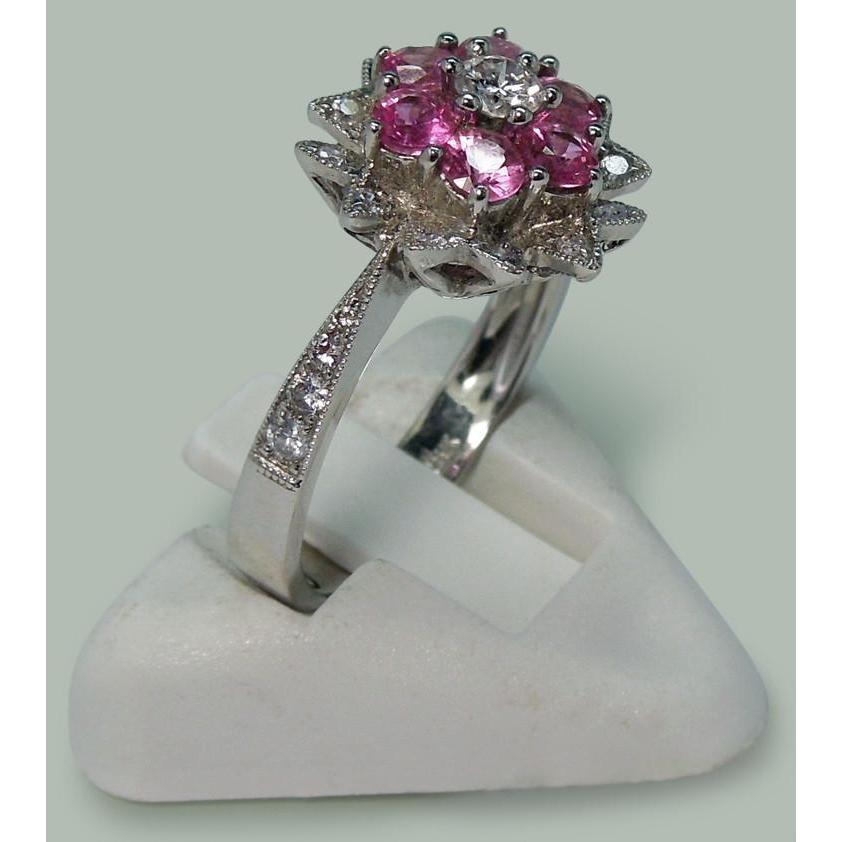 Natural Earth Mined Diamonds & Pink Sapphires 1.15 Ct. Flower Style Ring White Gold 14K-harrychadent.ca